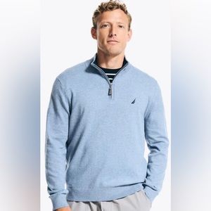 NWT NAUTICA MENS QUARTER-ZIP SWEATER COTTON LARGE ANCHOR BLUE HEATHER S3720T